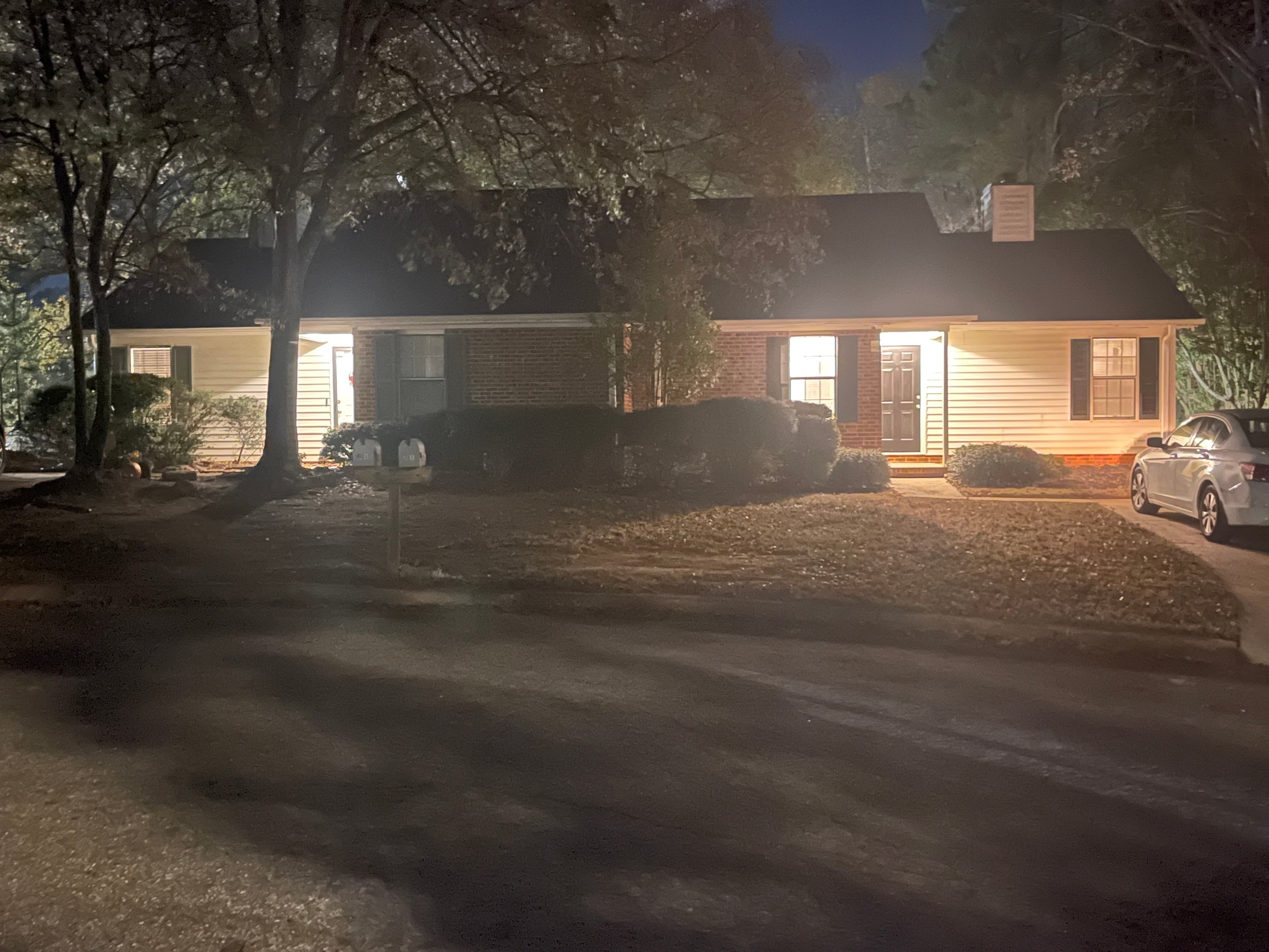 Duplex exterior nighttime front view
